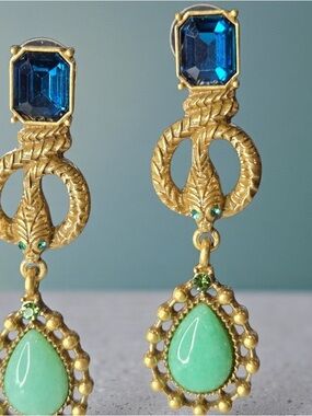 Gold-Tone Drop Earrings with Blue and Mint Green Stones